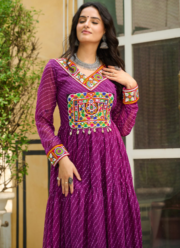 Traditional Gamthi Work Laheriya Printed Georgette Wine Gown For Women